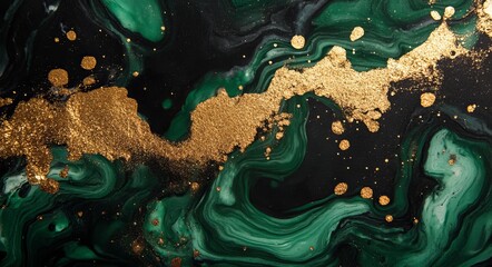 Poster - Emerald green and gold abstract fluid art set against a luxurious marble texture background for design