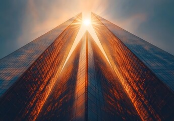 Poster - The fusion of modern abstract geometric architecture and a sunny sky showcases a fascinating interplay of structure, sunlight, and creative design concepts