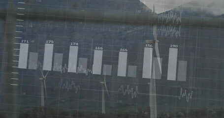 Poster - Digital data overlay floating over wind farm landscape, showing flat design bar chart and waveform