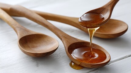 Poster - Three wooden spoons are elegantly arranged on a white surface, with golden maple syrup smoothly drizzling from one spoon, adding a touch of rustic charm