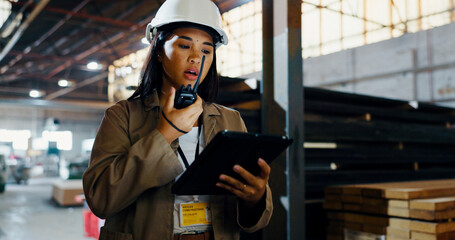 Poster - Tablet, radio and woodwork with woman in warehouse for carpenter, digital checklist and communication. Inspection, supplier inventory and feedback with person in factory for online and distribution
