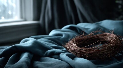 Aufkleber - A woven crown of thorns rests on dark fabric, illuminated by soft light from a nearby window, creating a poignant and reflective atmosphere