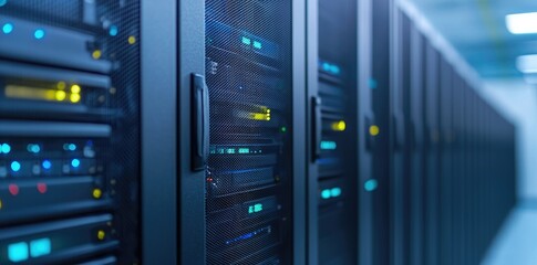 Aufkleber - Close-up view of data servers in a high-tech server room, showcasing colorful LED indicators and metallic mesh panels, perfect for illustrating digital infrastructure or IT systems