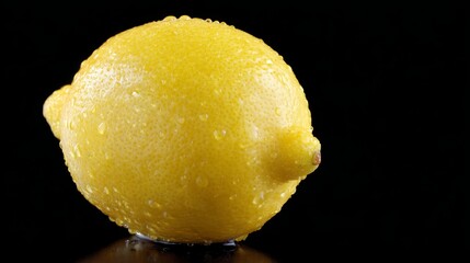 Aufkleber - Vibrant yellow lemon isolated on a black background exhibits condensation on its peel. The composition allows for copy space, enhancing its visual impact