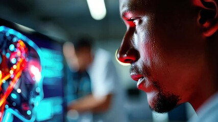 Poster - Close-up of a focused scientist analyzing a digital screen displaying a futuristic robotic interface in a high-tech lab setting