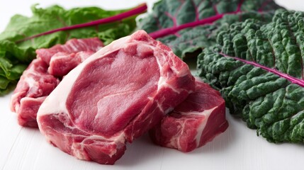 Aufkleber - A plate features fresh cuts of raw meat alongside vibrant leafy greens, styled for a culinary display