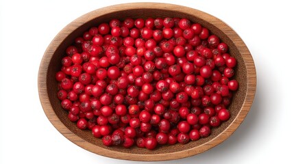 Poster - A wooden bowl overflows with bright red Szechuan peppercorns, set against a clean background, providing ample copy space for culinary use and creative displays