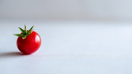 Aufkleber - A single ripe tomato sits on a clean white surface, illuminated by natural light, showcasing its bright red color and fresh appearance, with space to the left