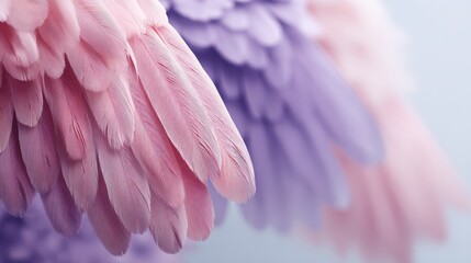 Fototapete - An overhead view showcases a symmetrical layout of overlapping colorful feathers in soft pastel hues. The gentle flow invites calm and creativity