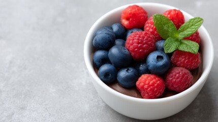 Poster - A clean composition features a small white bowl containing a chocolate base, adorned with vibrant berries and fresh mint placed on a plain surface