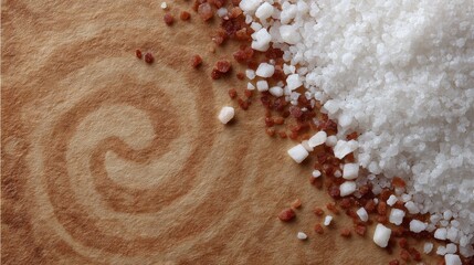 Aufkleber - A close-up of a sticky cinnamon swirl roll rests on parchment paper beside scattered sugar crystals, creating an inviting sweet treat presentation with open space
