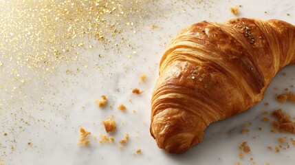 Poster - Golden croissant with flaky texture rests diagonally on a white surface, crumbs scattered around, highlighting its deliciousness and inviting presentation