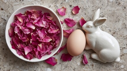 Aufkleber - A decorative bunny figure nestles next to a soft egg on a textured surface, surrounded by delicate spring petals, creating a charming seasonal display