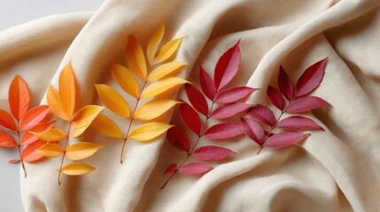 Leinwandbilder - Vibrant autumn tree bark pieces are artistically arranged on a natural linen background, highlighting the warm colors of the season with ample copy space available