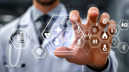 Poster - Close-up of a doctor hand interacting with digital medical interface, highlighting futuristic healthcare and diagnostic technology