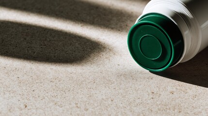 Aufkleber - This product-focused display features a semi-gel tube with a soft green cap, placed on a grainy beige surface, surrounded by subtle shadows and empty space for text