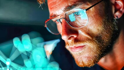 Poster - Focused young man analyzing AI neural network data visualizations on a glowing digital interface