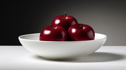 Aufkleber - Three glossy red apples rest in a smooth white ceramic bowl, elegantly displayed on a table with a deep black backdrop, enhancing color and contrast