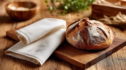 Poster - Golden crust artisanal bread rests on a wooden board alongside a soft cloth napkin, illuminated by natural light in a warm and inviting setting