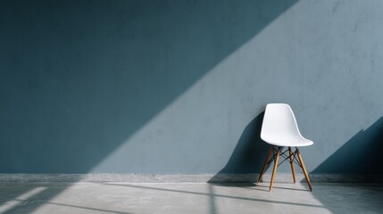 Fototapete - Bright ambient light highlights a simple white chair with wooden legs on a light-colored floor, creating soft reflections and shadows in an uncluttered space