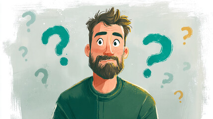 Poster - Illustration of man with beard, wearing green shirt, surrounded by question marks, depicting uncertainty or contemplation