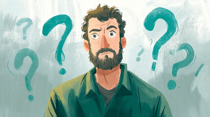 Poster - Illustration of a man with a beard, surrounded by teal question marks, conveying uncertainty or contemplation