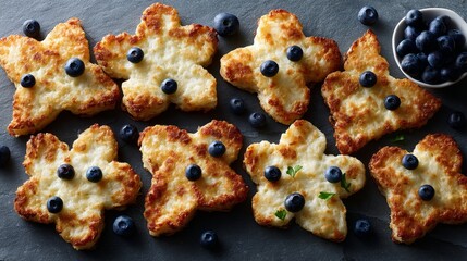 Poster - Top-down view of clover-shaped pancakes adorned with blueberries, set on a speckled stone countertop, inviting a delightful breakfast experience