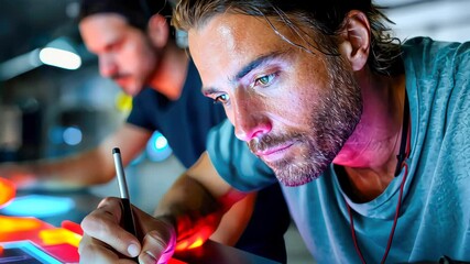 Poster - Focused man using a stylus on a glowing digital interface, working with futuristic touchscreen technology