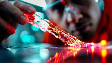 Poster - Scientist analyzing high-tech data through glowing red interface projected on a transparent test tube