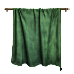 Poster - Luxurious emerald fabric draping elegantly from a rustic rod on an isolated setting
