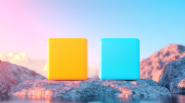 Two Pastel Cubes on Rocks at Sunrise