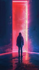 Poster - Person stands in front of glowing doorway in an abstract, colorful setting during night