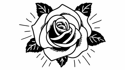 Poster - Detailed black and white rose illustration with leaves and radiating lines in a tattoo style design created with generated ai