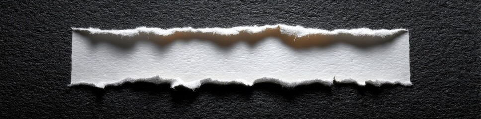 Poster - textured white torn paper strip on black background