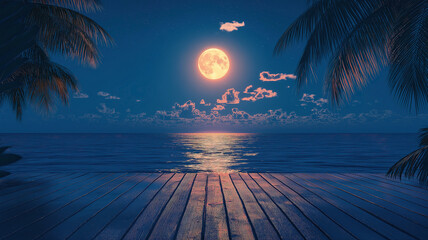 Poster - Peaceful wooden deck by the ocean, bathed in the gentle light of a full moon on a tropical night
