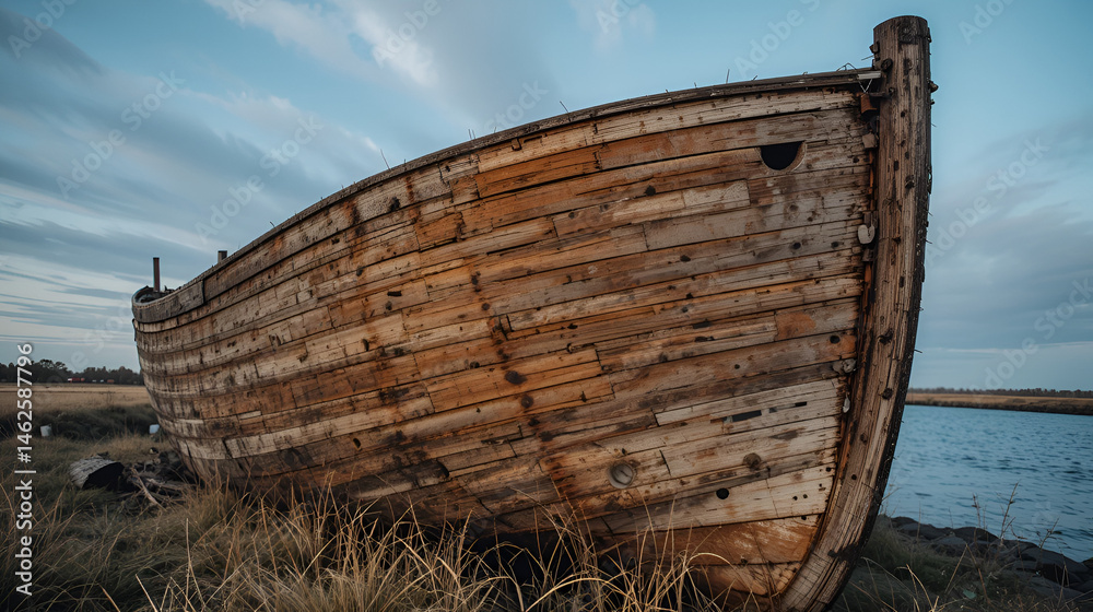 Old derelict wooden ship wreck closeup. Back side of an old abandoned ...