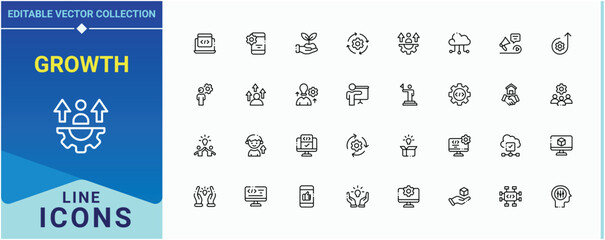 Growth linear icon set. Featuring challenge, innovation, expansion, process, evolution and more. Development icon. Modern vector UI icons. Editable stroke.