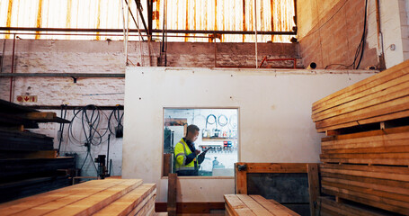 Aufkleber - Man, tablet and wood at warehouse, scroll and industry for typing report at lumber plant. African person, carpenter and digital touchscreen with app for timber, material and stock order at factory