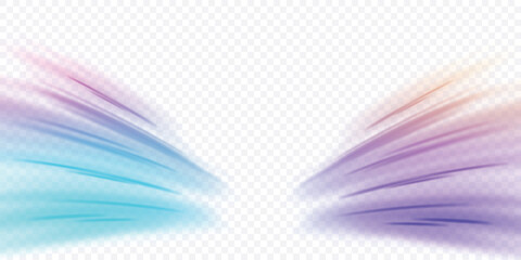 Fototapete - Horizontal night road in the form of a panorama with neon lights. Car motion trails. Speed line motion vector PNG background. 