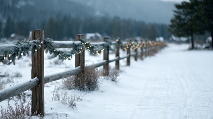 Poster - Evergreen garlands are draped on rustic fence posts in a snowy rural landscape, capturing the serene beauty of twilight with soft glowing lights illuminating the scene