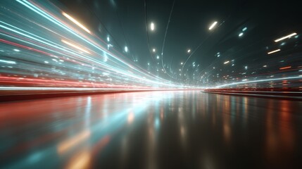 Poster - A wide shot captures an isometric angle of a vibrant tunnel filled with glowing orange and blue data streams, featuring floating holographic panels and ample copy space