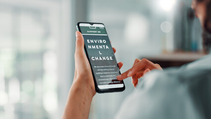 Poster - Person, hands and research with phone screen for environmental change, website or homepage at office. Closeup, employee or user with mobile smartphone display for ecology app or sustainable future