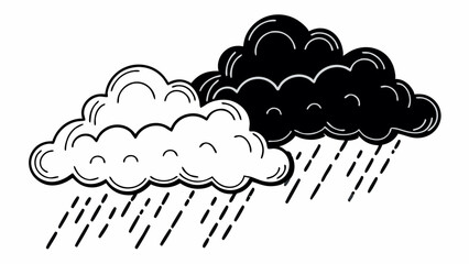 Poster - Two stylized clouds one white and one black with raindrops falling in a monochrome illustration created with generated ai