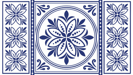 Poster - Blue and white floral tile pattern with central circular motif and vertical floral borders design element created with generated ai