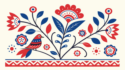 Poster - Folk art style illustration of a bird on a branch with flowers and geometric border design element created with generated ai