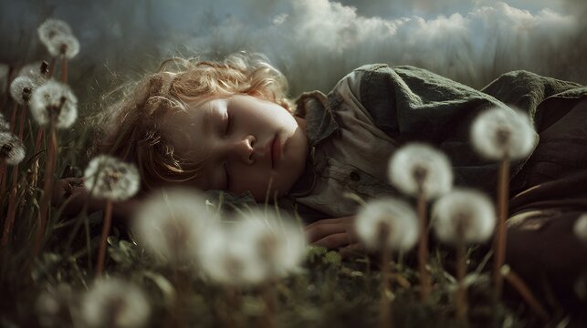 Child sleeping peacefully amongst dandelions in a field, lost in dreamland. Serene slumber.