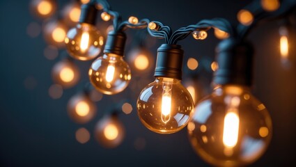 Poster - Decorative string of vintage LED bulbs illuminated for festive parties and outdoor celebrations, with bright, blurred background and shining effects