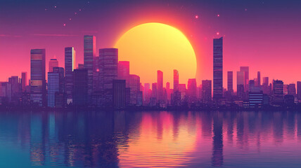 Poster - Retro-inspired cityscape at sunset, with a massive sun casting a dramatic light