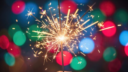 Poster - Holiday celebration with Christmas sparkler against abstract colorful background
