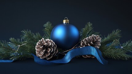 Wall Mural - Christmas decoration with blue ornament, pine cone, evergreen branches, and ribbon, copy space for text